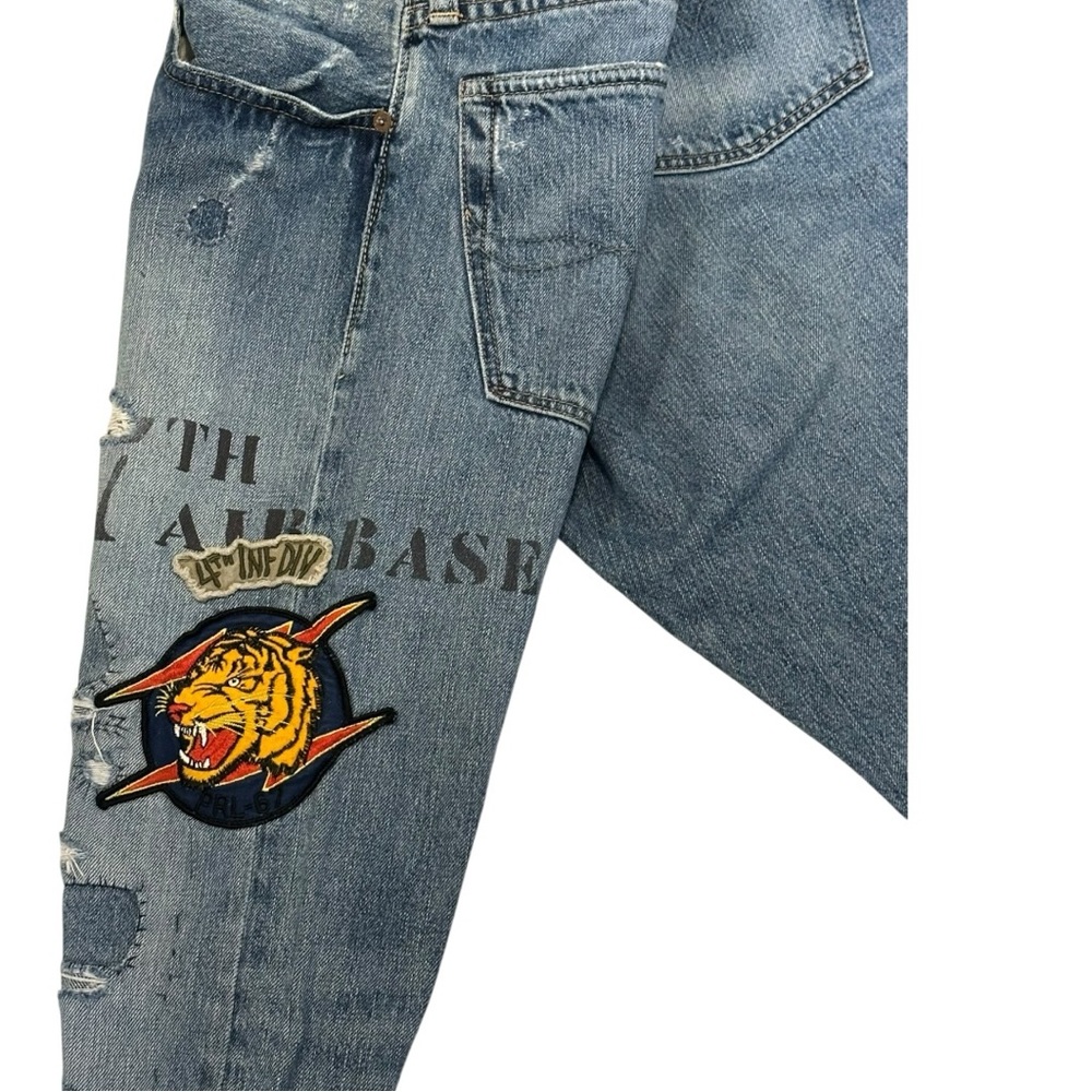 Polo Ralph Lauren Varick Slim Straight Jeans Military Patches Distressed 38 x 32 - Picture 11 of 16